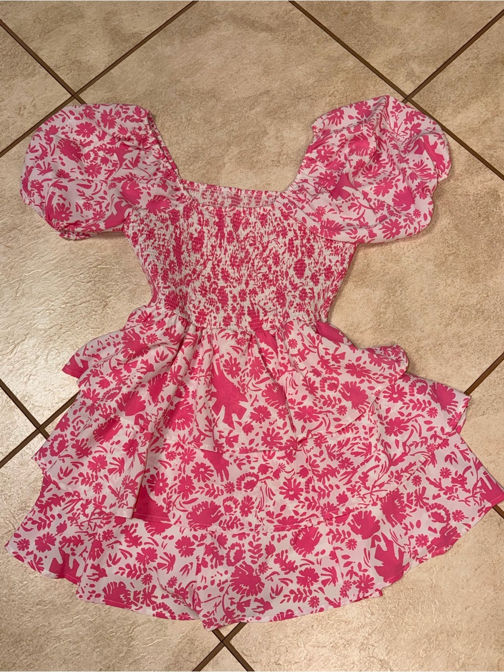 Pink Floral Puff-Sleeve Smocked Romper Size Large